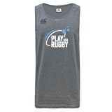 The Play Rugby USA Tempo Vapodri Singlet by WRS Canterbury is a gray sleeveless top with "PLAY RUGBY USA" and blue swoosh on the front, Canterbury logo on the left shoulder, made from recycled polyester with moisture-wicking VapoDri tech.