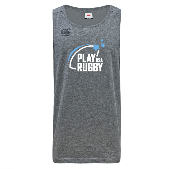 The Play Rugby USA Tempo Vapodri Singlet by WRS Canterbury is a gray sleeveless top with "PLAY RUGBY USA" and blue swoosh on the front, Canterbury logo on the left shoulder, made from recycled polyester with moisture-wicking VapoDri tech.