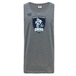 A grey Eckerd College Tempo Vapodri Singlet by WRS Canterbury, made from recycled polyester for comfort and performance, features a sleeveless design and the "SCHS SIRENS RUGBY" logo with a mermaid holding a rugby ball on the front.