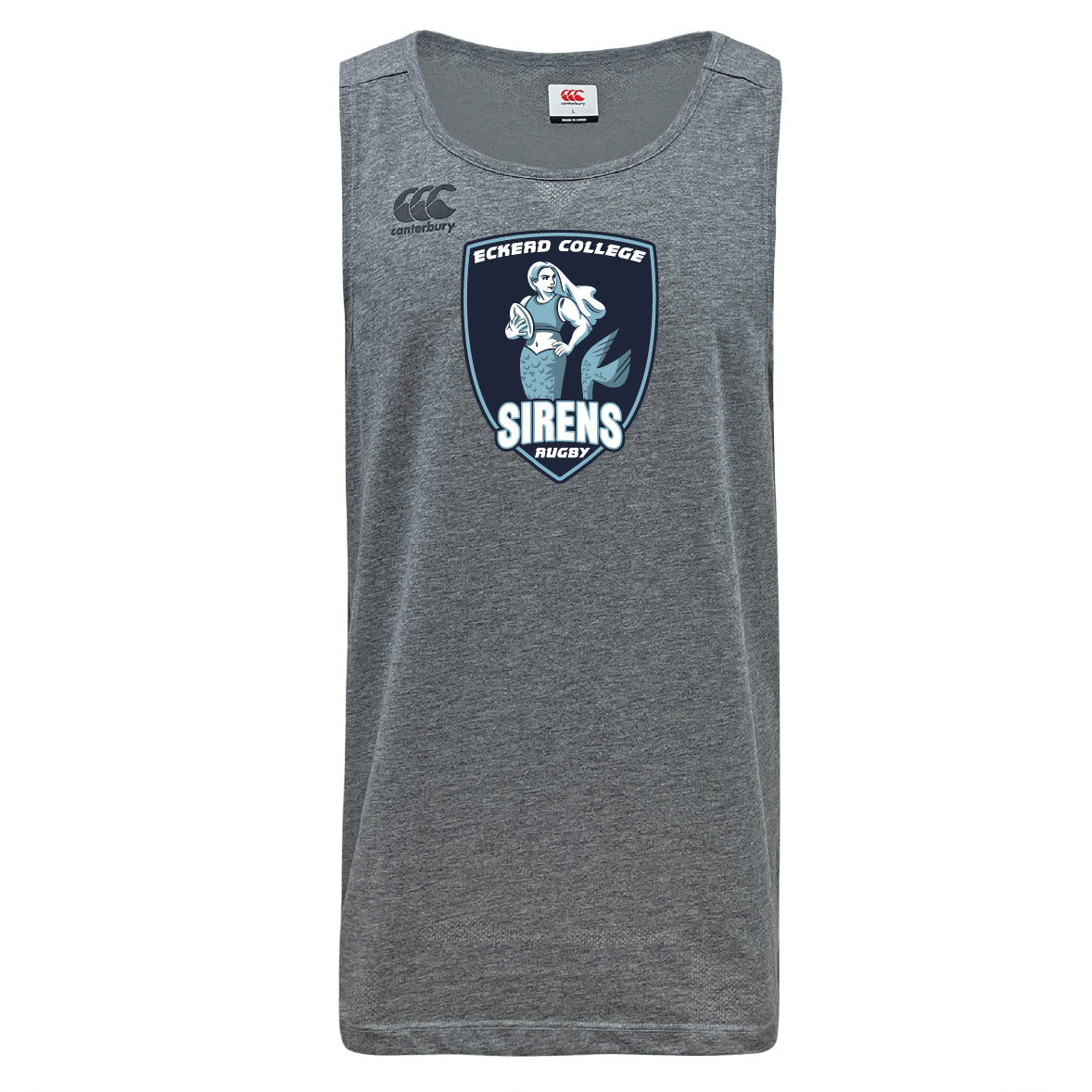 A grey Eckerd College Tempo Vapodri Singlet by WRS Canterbury, made from recycled polyester for comfort and performance, features a sleeveless design and the "SCHS SIRENS RUGBY" logo with a mermaid holding a rugby ball on the front.