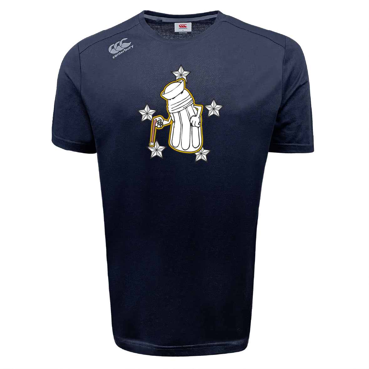 The Five Star Rugby Tempo Vapodri T-Shirt by WRS Canterbury is a navy blue, short-sleeve sports tee featuring a cartoon hand with a beer tap and four white stars; made from moisture-wicking fabric for all-day comfort.