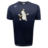 The Five Star Rugby Tempo Vapodri T-Shirt by WRS Canterbury is a navy blue, short-sleeve sports tee featuring a cartoon hand with a beer tap and four white stars; made from moisture-wicking fabric for all-day comfort.