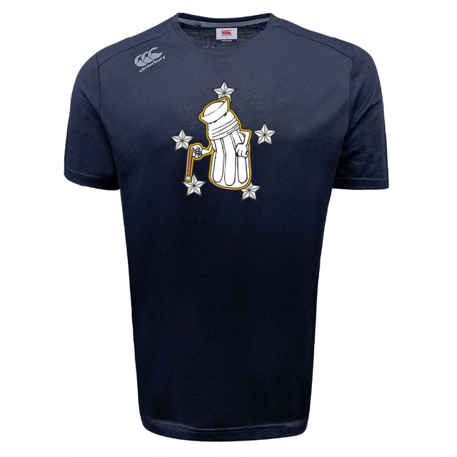 The Five Star Rugby Tempo Vapodri T-Shirt by WRS Canterbury is a navy blue, short-sleeve sports tee featuring a cartoon hand with a beer tap and four white stars; made from moisture-wicking fabric for all-day comfort.