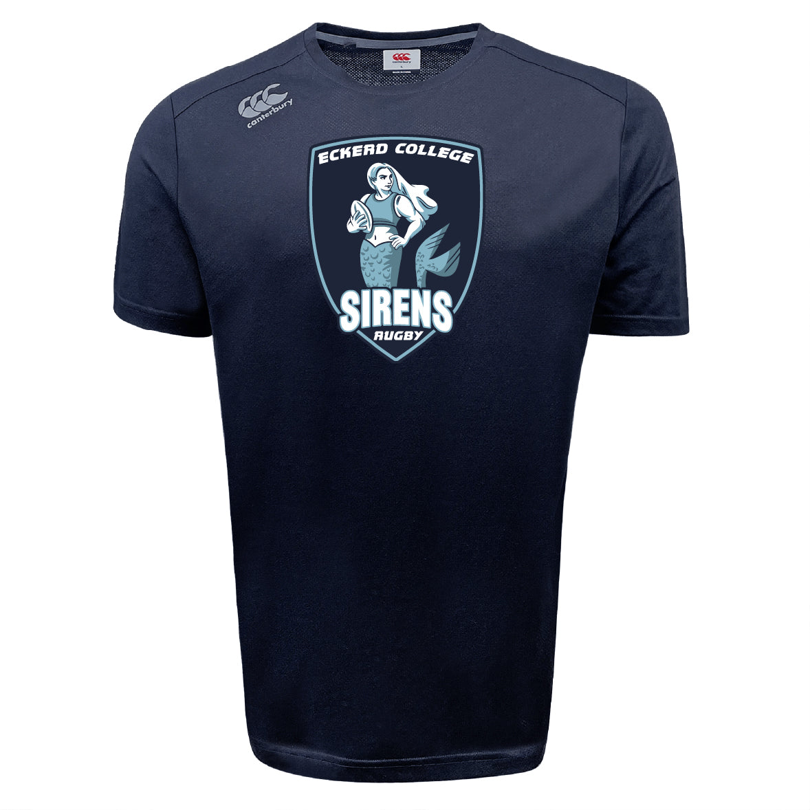The Eckerd College Tempo Vapodri T-Shirt by WRS Canterbury features a mermaid with a rugby ball and "Eckerd College Sirens Rugby" logo on navy blue, crafted with moisture-wicking fabric for cool, comfortable performance.