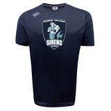 The Eckerd College Tempo Vapodri T-Shirt by WRS Canterbury features a mermaid with a rugby ball and "Eckerd College Sirens Rugby" logo on navy blue, crafted with moisture-wicking fabric for cool, comfortable performance.