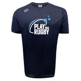 The WRS Canterbury Play Rugby USA Tempo Vapodri T-Shirt features "PLAY USA RUGBY" text, three stars, a swoosh graphic on the front, moisture-wicking fabric, and the Canterbury logo on the right shoulder.