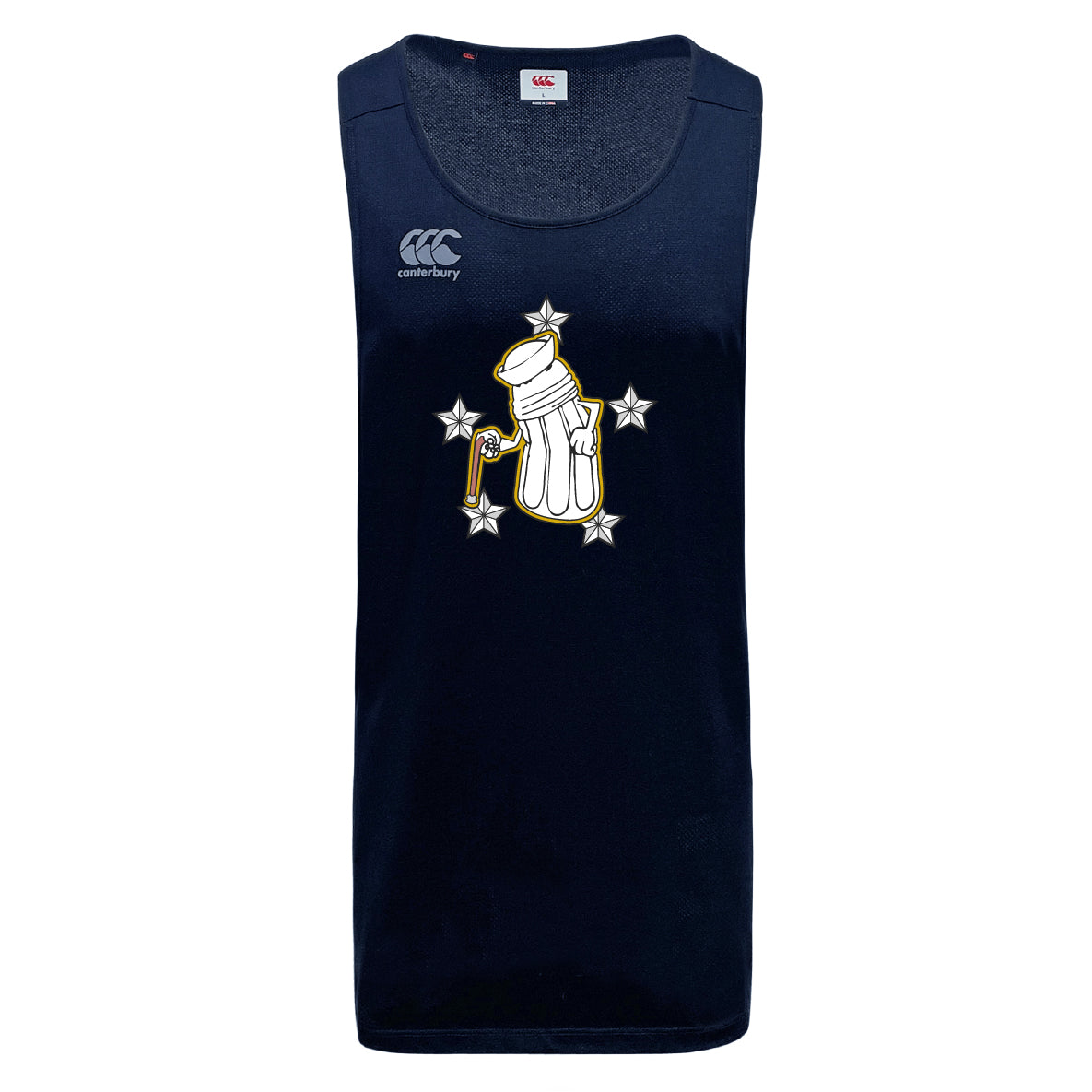 The Five Star Rugby Tempo Vapodri Singlet by WRS Canterbury is a navy blue sleeveless jersey with a white golf glove holding a golden key, five white stars, and the Canterbury logo, made from recycled polyester for sustainability.