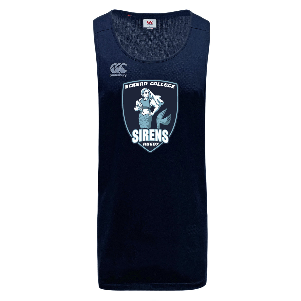 The WRS Canterbury Eckerd College Tempo Vapodri Singlet is a navy blue, sleeveless athletic jersey made from recycled polyester, featuring a front "Eckerd College Sirens Rugby" mermaid logo with rugby ball.