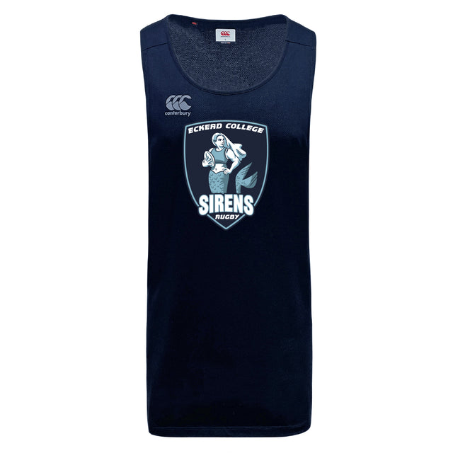 The WRS Canterbury Eckerd College Tempo Vapodri Singlet is a navy blue, sleeveless athletic jersey made from recycled polyester, featuring a front "Eckerd College Sirens Rugby" mermaid logo with rugby ball.
