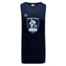 The WRS Canterbury Eckerd College Tempo Vapodri Singlet is a navy blue, sleeveless athletic jersey made from recycled polyester, featuring a front "Eckerd College Sirens Rugby" mermaid logo with rugby ball.
