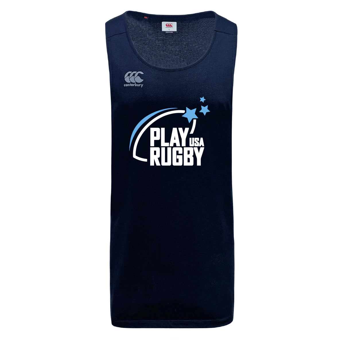 The WRS Canterbury Play Rugby USA Tempo Vapodri Singlet is a navy tank top with "Play Rugby USA" and three stars printed in white, Canterbury logo on the chest, and made from recycled polyester with VapoDri tech for comfort.