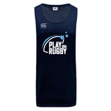 The WRS Canterbury Play Rugby USA Tempo Vapodri Singlet is a navy tank top with "Play Rugby USA" and three stars printed in white, Canterbury logo on the chest, and made from recycled polyester with VapoDri tech for comfort.