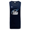 The WRS Canterbury Play Rugby USA Tempo Vapodri Singlet is a navy tank top with "Play Rugby USA" and three stars printed in white, Canterbury logo on the chest, and made from recycled polyester with VapoDri tech for comfort.