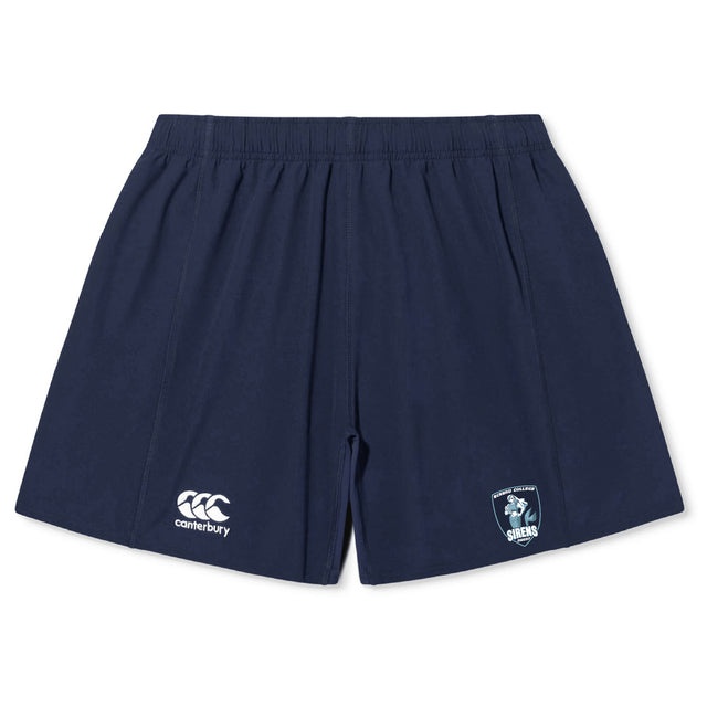 Eckerd College Yokohama Short by EMB Canterbury: Navy blue rugby shorts with elastic waistband, white Canterbury logo on the left leg, and sports team crest on the right. Perfect for athletic performance and style.