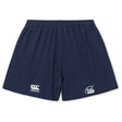 The Play Rugby USA Yokohama Short by Canterbury from EMB Canterbury features navy blue fabric, an elastic waistband, and front logos—ideal classic rugby shorts for training or casual wear.