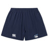 The Play Rugby USA Yokohama Short by Canterbury from EMB Canterbury features navy blue fabric, an elastic waistband, and front logos—ideal classic rugby shorts for training or casual wear.