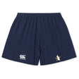 The Five Star Rugby Yokohama Short by EMB Canterbury is a navy blue athletic short with an elastic waistband, featuring the Canterbury rugby logo on the left leg and an embroidered penguin on the right leg.