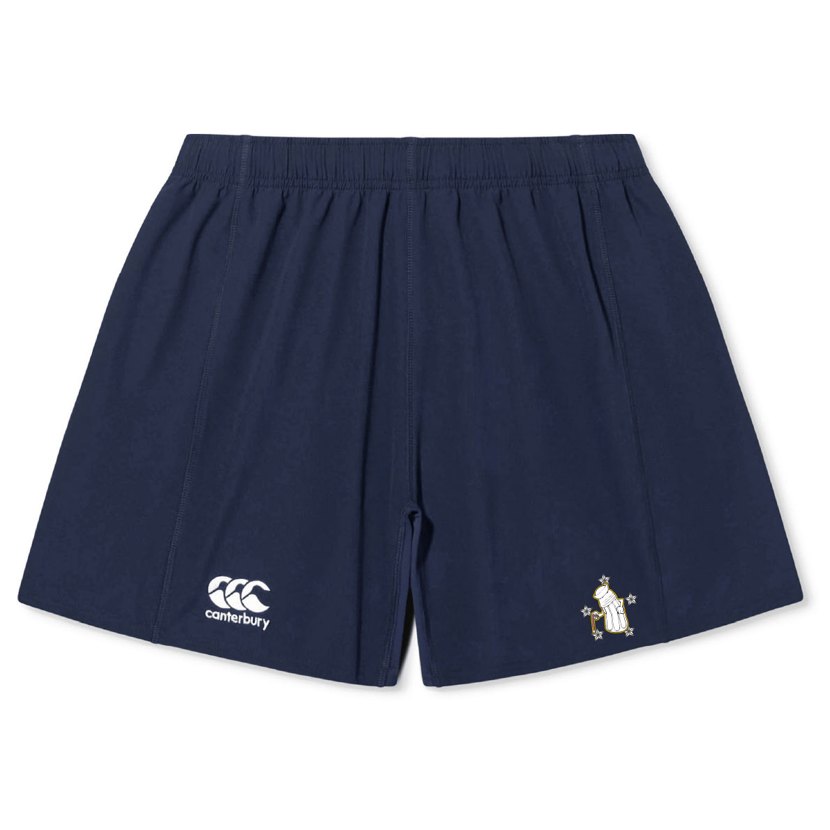 The Five Star Rugby Yokohama Short by EMB Canterbury is a navy blue athletic short with an elastic waistband, featuring the Canterbury rugby logo on the left leg and an embroidered penguin on the right leg.