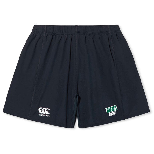 The Siena College Yokohama Short by EMB Canterbury is black with an embroidered Siena Rugby logo and a Canterbury logo at the bottom, featuring a silicone gripper for enhanced comfort and fit.