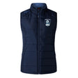 Eckerd College Women's Elite Microlite Gilet by EMB Canterbury in navy blue features zip closure, side pockets, Thermoreg fleece lining, and a "Sirens" team logo on the left chest.