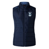Eckerd College Women's Elite Microlite Gilet by EMB Canterbury in navy blue features zip closure, side pockets, Thermoreg fleece lining, and a "Sirens" team logo on the left chest.