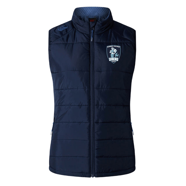 Eckerd College Women's Elite Microlite Gilet by EMB Canterbury in navy blue features zip closure, side pockets, Thermoreg fleece lining, and a "Sirens" team logo on the left chest.