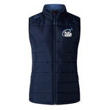 The EMB Canterbury Play Rugby USA Women's Elite Microlite Gilet features a "Play Rugby" chest logo, high collar, and Thermoreg bonded fleece—making this navy insulated vest perfect for chilly days.