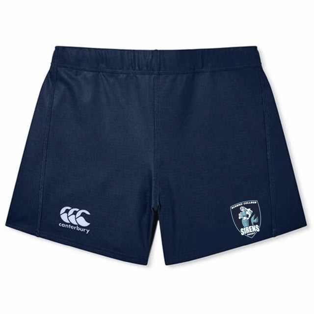 The Eckerd College Women's Yokohama Short by EMB Canterbury features a navy design with a white Canterbury logo and shield emblem, ideal as women’s rugby shorts or for fans of the Yokohama style.