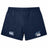 The Play Rugby USA Women's Elite Woven Short by EMB Canterbury features navy blue fabric, a left-leg Canterbury logo, "Play Rugby" text with a star on the right, zippered pockets, and is ideal for women's gym sessions.