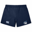 The Play Rugby USA Women's Elite Woven Short by EMB Canterbury features navy blue fabric, a left-leg Canterbury logo, "Play Rugby" text with a star on the right, zippered pockets, and is ideal for women's gym sessions.