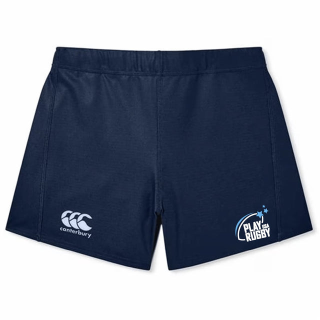 The Play Rugby USA Women's Elite Woven Short by EMB Canterbury features navy blue fabric, a left-leg Canterbury logo, "Play Rugby" text with a star on the right, zippered pockets, and is ideal for women's gym sessions.