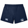The Play Rugby USA Women's Elite Woven Short by EMB Canterbury features navy blue fabric, a left-leg Canterbury logo, "Play Rugby" text with a star on the right, zippered pockets, and is ideal for women's gym sessions.