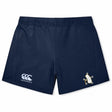 The Five Star Rugby Women's Yokohama Short by EMB Canterbury features navy blue fabric, a white Canterbury rugby logo on the left, and a penguin with stars emblem on the right, inspired by classic Yokohama style.