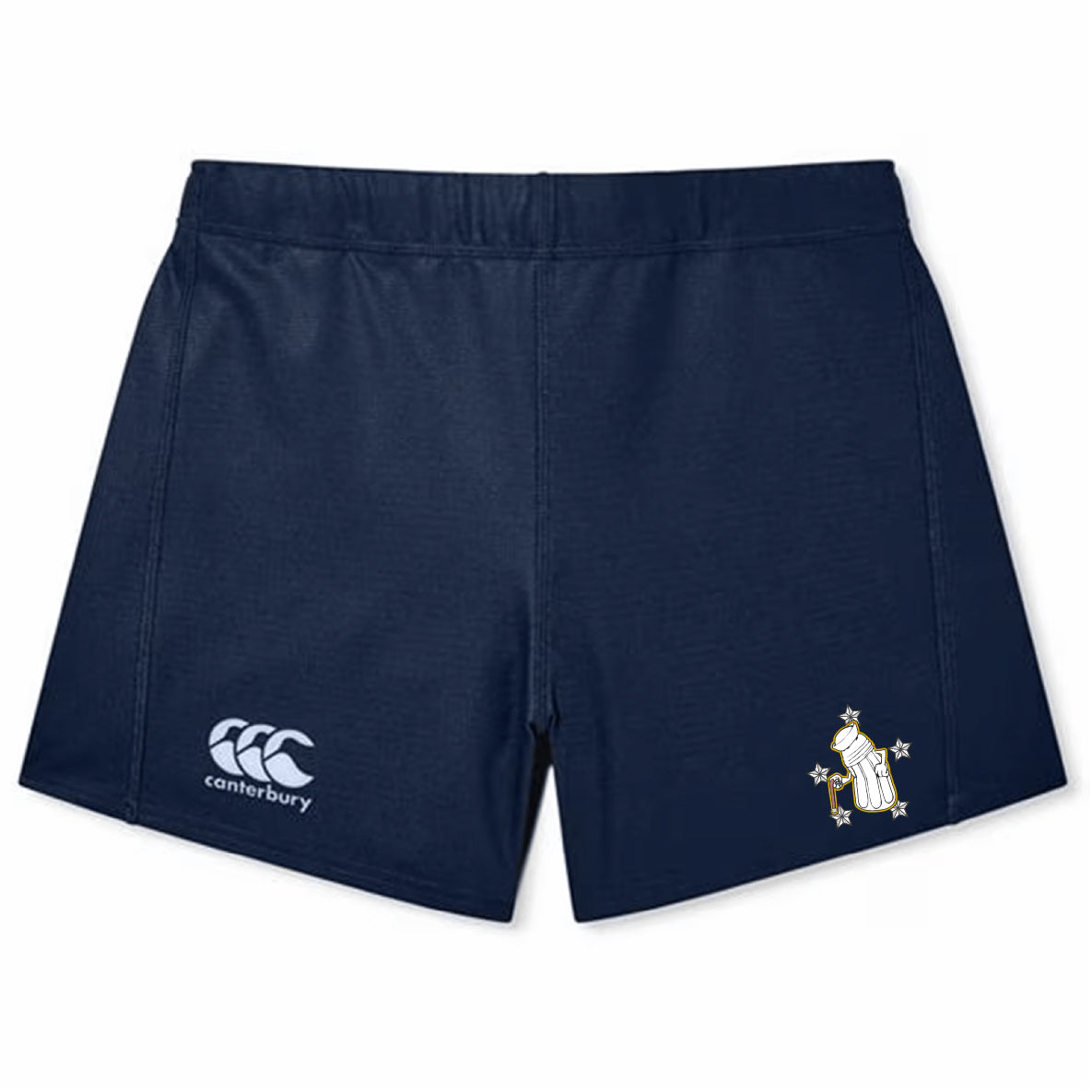 The Five Star Rugby Women's Yokohama Short by EMB Canterbury features navy blue fabric, a white Canterbury rugby logo on the left, and a penguin with stars emblem on the right, inspired by classic Yokohama style.