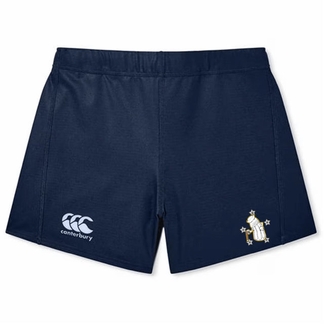The Five Star Rugby Women's Yokohama Short by EMB Canterbury features navy blue fabric, a white Canterbury rugby logo on the left, and a penguin with stars emblem on the right, inspired by classic Yokohama style.