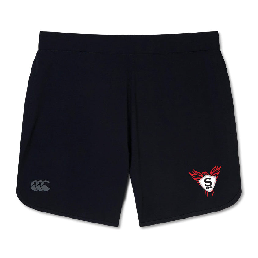 The Superior Rugby Women's Elite Woven Short by EMB Canterbury offers lightweight comfort, zippered pockets, a red and white winged S-logo on the lower right leg, and a grey Canterbury logo on the left.