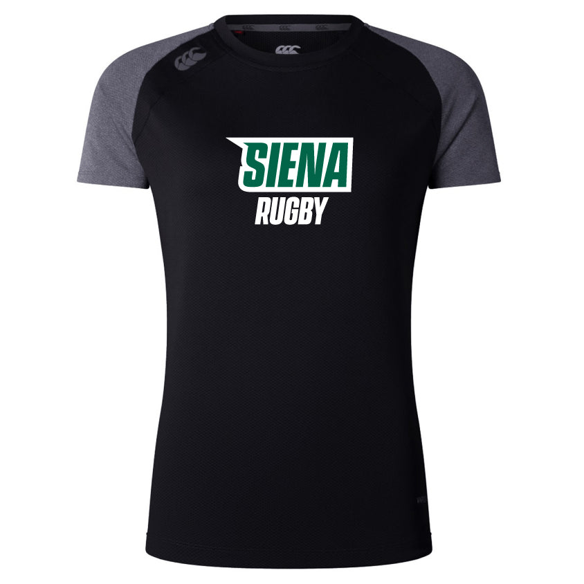 The Siena College Women's Elite Training Tee by WRS Canterbury is a black and gray short-sleeve tee with "Siena Rugby" in green and white, featuring lightweight fabric and Vapodri technology for comfort during workouts.