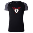 The WRS Canterbury Superior Rugby Women's Elite Training Tee by Canterbury features black and grey short sleeves, a red and white phoenix logo with "S RFC" on the chest, and is crafted from lightweight fabric for comfort.