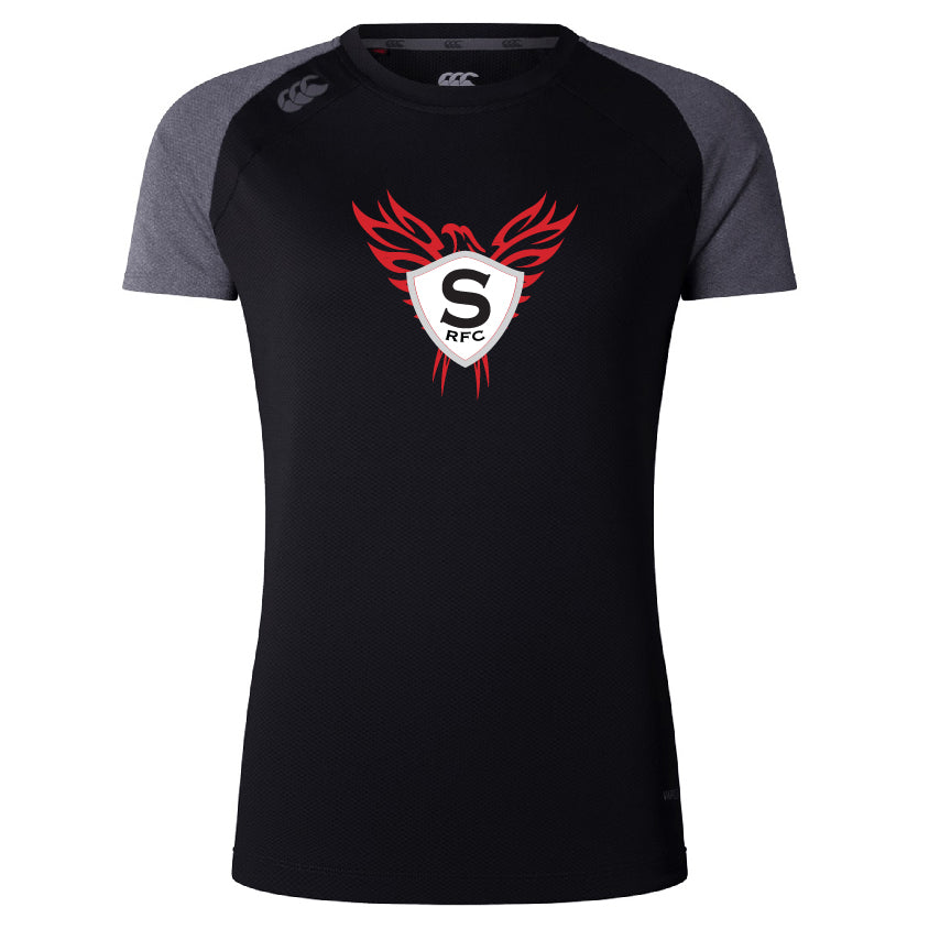 The WRS Canterbury Superior Rugby Women's Elite Training Tee by Canterbury features black and grey short sleeves, a red and white phoenix logo with "S RFC" on the chest, and is crafted from lightweight fabric for comfort.