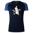 The Five Star Rugby Women's Elite Training Tee by WRS Canterbury is a navy and blue short-sleeve lightweight shirt featuring a cartoon white glove holding a bat with five stars on the chest—ideal for workouts or casual wear.