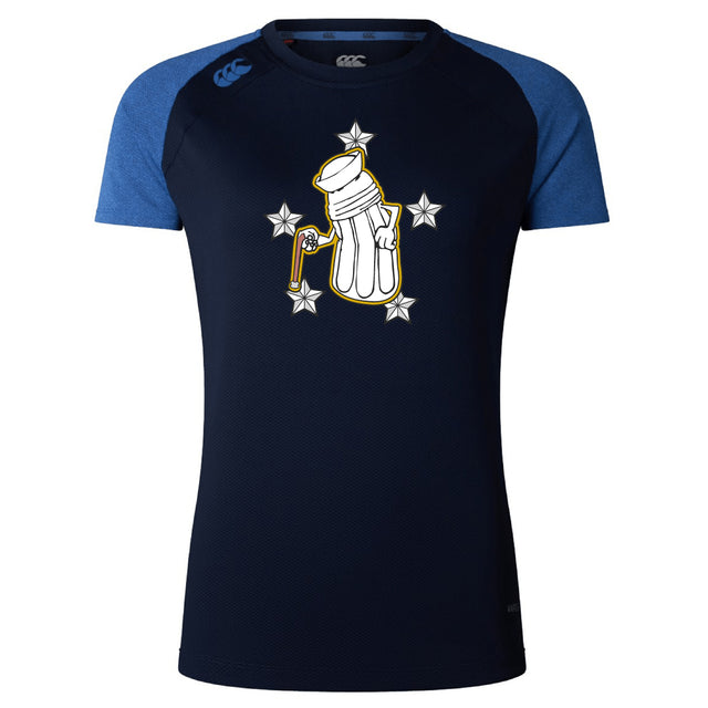 The Five Star Rugby Women's Elite Training Tee by WRS Canterbury is a navy and blue short-sleeve lightweight shirt featuring a cartoon white glove holding a bat with five stars on the chest—ideal for workouts or casual wear.