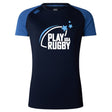 The Play Rugby USA Women's Elite Training Tee by WRS Canterbury features "Play USA Rugby" with star graphics. This navy and royal blue top is lightweight, breathable, and perfect for any workout or training session.