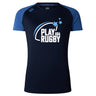 The Play Rugby USA Women's Elite Training Tee by WRS Canterbury features "Play USA Rugby" with star graphics. This navy and royal blue top is lightweight, breathable, and perfect for any workout or training session.