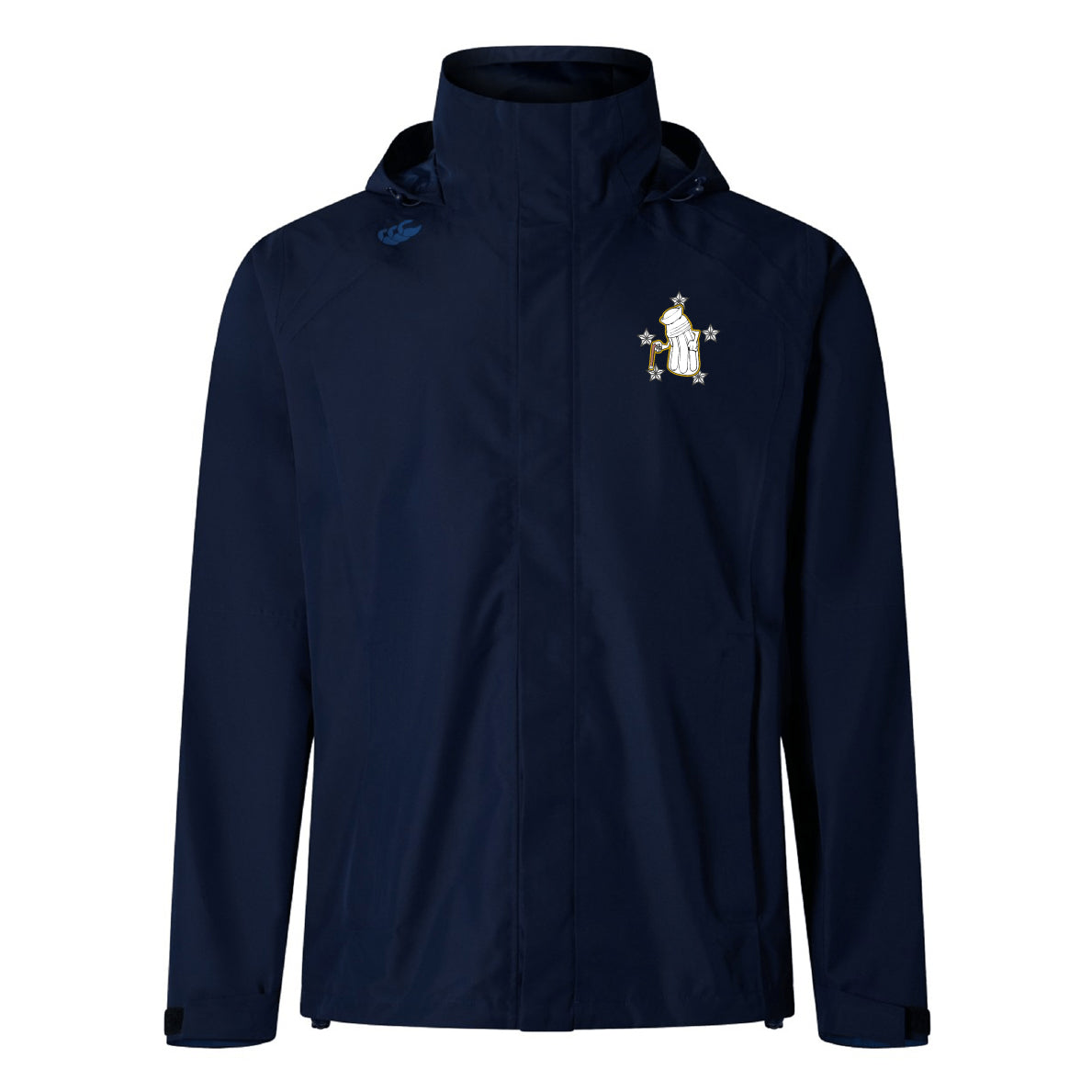 The Five Star Rugby Elite Storm Jacket by EMB Canterbury is a navy waterproof jacket with an embroidered bird and soccer ball crest on the left chest and a small blue logo on the right shoulder.
