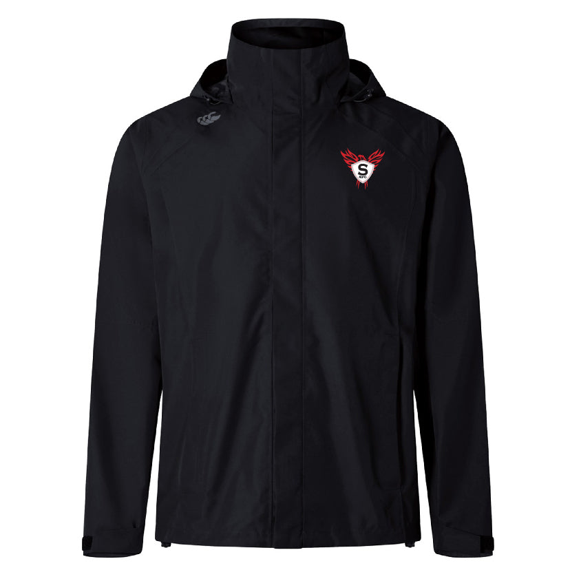 The EMB Canterbury Superior Rugby Elite Storm Jacket is a black waterproof jacket with Vaposhield, red and white embroidered logo on the left chest, and a small emblem on the right shoulder.
