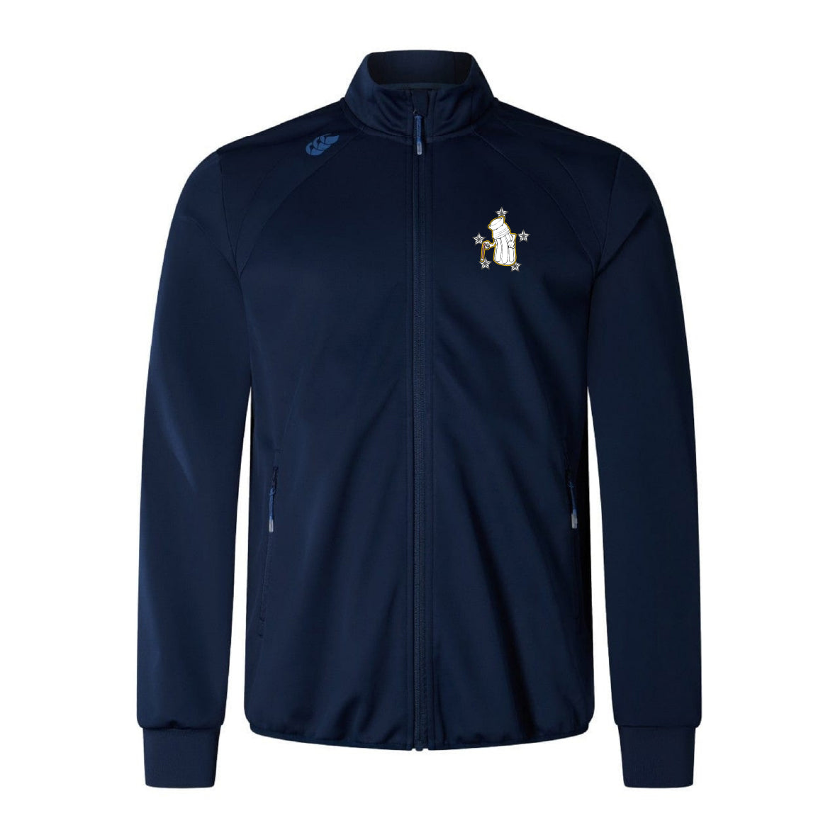 The Five Star Rugby Elite Windstopper Jacket by EMB Canterbury is a navy zip-up with side pockets and features an embroidered penguin and stars on the left chest.