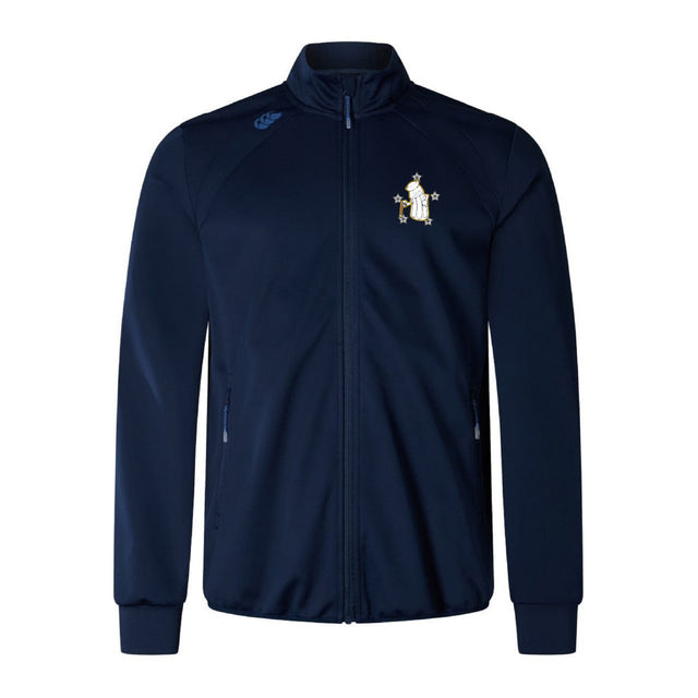 The Five Star Rugby Elite Windstopper Jacket by EMB Canterbury is a navy zip-up with side pockets and features an embroidered penguin and stars on the left chest.