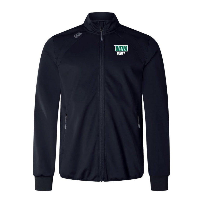 The Siena College Elite Windstopper Jacket by EMB Canterbury features the "Siena Rugby" logo on the left chest and a small emblem on the right shoulder, designed for enhanced mobility and weatherproofing.