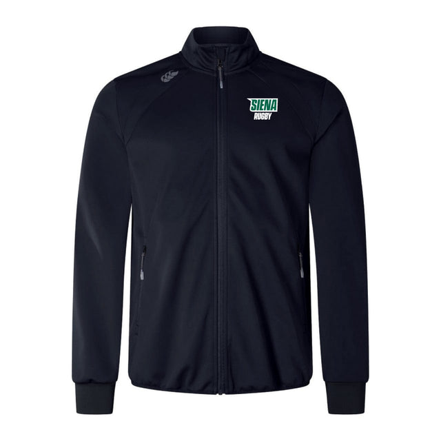 The Siena College Elite Windstopper Jacket by EMB Canterbury features the "Siena Rugby" logo on the left chest and a small emblem on the right shoulder, designed for enhanced mobility and weatherproofing.