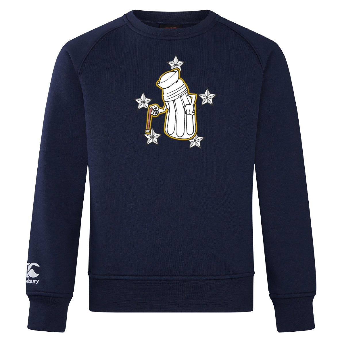 The Five Star Rugby Club Crew Sweatshirt by WRS Canterbury is a navy blue, ultra-soft top with a cartoon golf bag, clubs, and five white stars on the chest, plus a small embroidered CCC logo on the left sleeve.